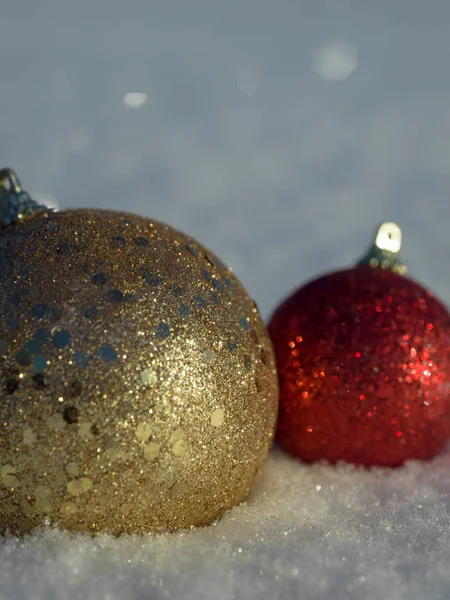 Christmas balls decoration in snow — Stock Photo, Image