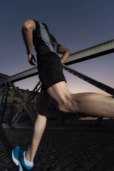 Urban Sports Young Healthy Man Jogging Bridge City Early Morning — Stock Photo, Image