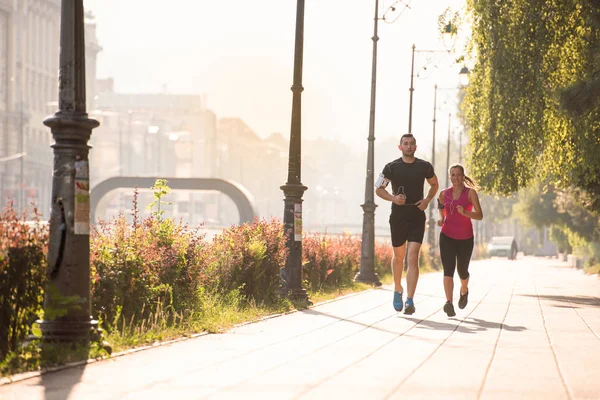 Urban Sports Healthy Young Couple Jogging City Sunny Morning — Stock Photo, Image