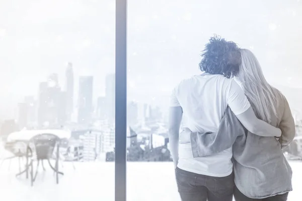 Romantic Happy Young Couple Enjoying Morning Coffee Window Cold Winter — Stock Photo, Image