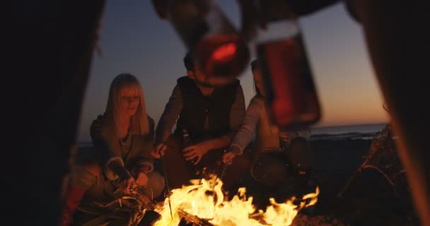 Skupina Mladých Lidí Baví Pláži Kolem Táboráku Při Západu Slunce — Stock video