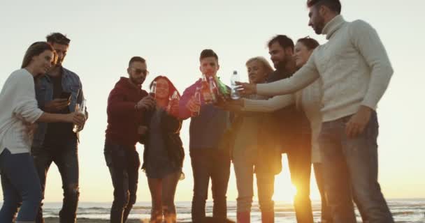 Des Amis Sur Plage Boivent Bière Amusent Tourné Sur Hélium — Video