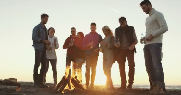 Des Amis Sur Plage Boivent Bière Amusent Tourné Sur Hélium — Video