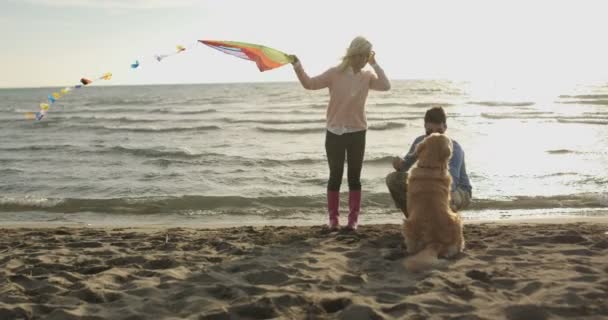 Para Psem Bawiącym Się Razem Plaży Jesienią — Wideo stockowe