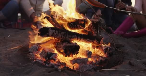 Grupo Jovens Amigos Sentados Lado Fogo Tarde Noite — Vídeo de Stock