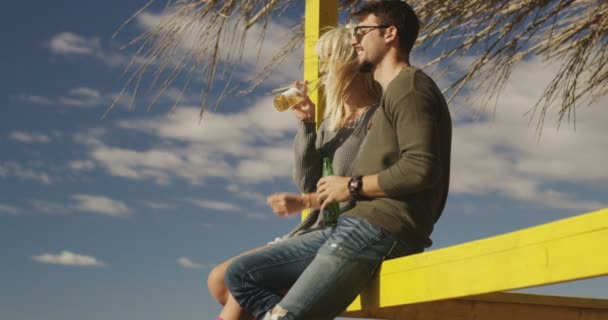 Pareja Bebiendo Cerveza Juntos Playa — Vídeo de stock