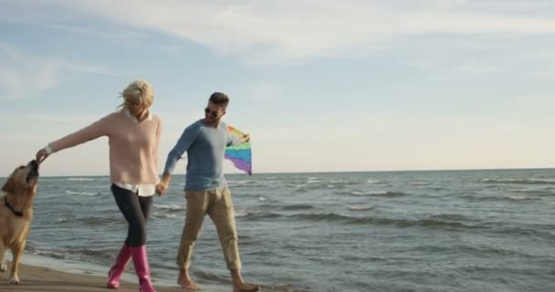Paar Mit Hund Amüsiert Sich Herbsttag Strand — Stockvideo