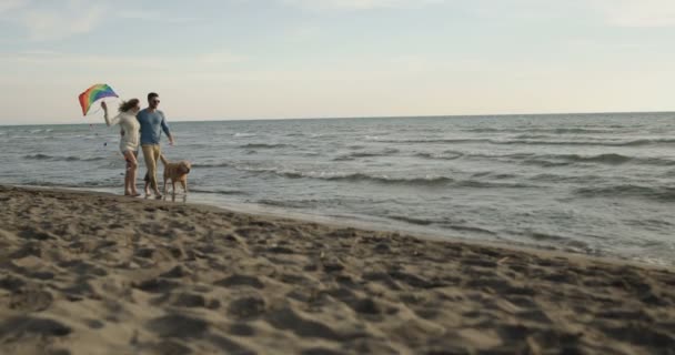 Koppel Met Hond Hebben Plezier Strand Autmun Dag — Stockvideo