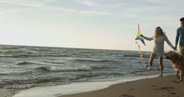 Koppel Met Hond Hebben Plezier Strand Autmun Dag — Stockvideo