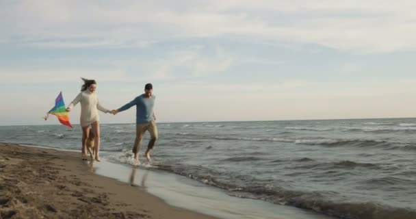 Koppel Met Hond Hebben Plezier Strand Autmun Dag — Stockvideo