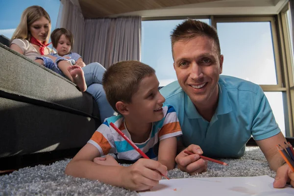 Happy Young Family Playing Together Home Floor Using Tablet Children — Stock Photo, Image