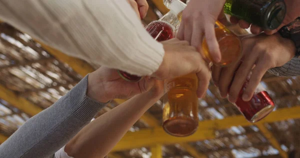 Jovens Amigos Fazendo Brinde Com Cerveja Divertindo Torno Fogueira Festa — Fotografia de Stock