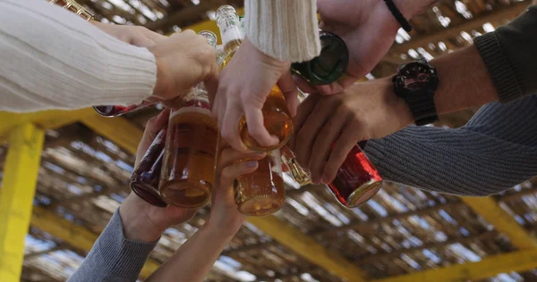 Jovens Amigos Fazendo Brinde Com Cerveja Divertindo Torno Fogueira Festa — Fotografia de Stock