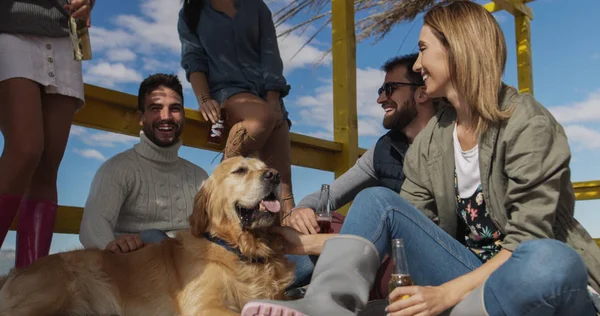 Feliz Grupo Amigos Pasando Rato Beach House Divirtiéndose Bebiendo Cerveza —  Fotos de Stock