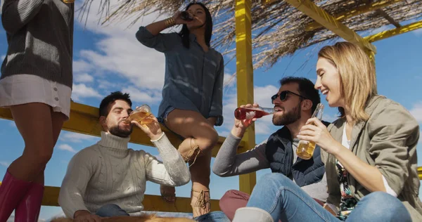 Grupo Feliz Amigos Saindo Casa Praia Divertindo Bebendo Cerveja Dia — Fotografia de Stock