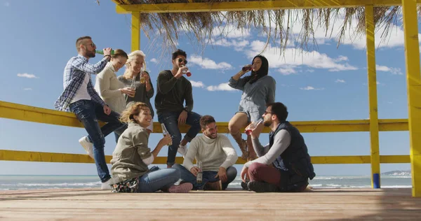 Grupo Feliz Amigos Saindo Casa Praia Divertindo Bebendo Cerveja Dia — Fotografia de Stock