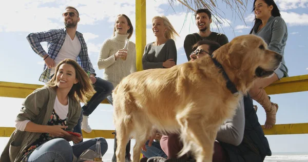 Feliz Grupo Amigos Pasando Rato Beach House Divirtiéndose Bebiendo Cerveza — Foto de Stock