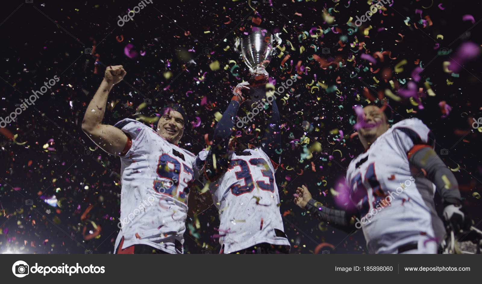 Happy American Football Team Celebrating Victory Trophy Confetti Night ...