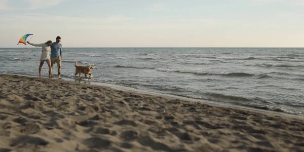 Pareja con perro divirtiéndose en la playa en día autmun —  Fotos de Stock