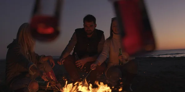 Group Young People Having Fun Beach Bonfire Sunset — Stock Photo, Image