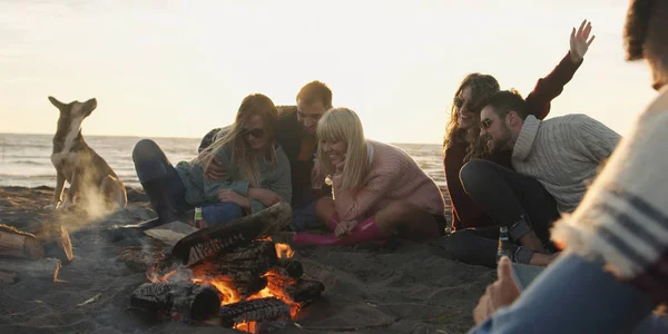 夕日のビーチでたき火を囲んでリラックスして犬と友達のグループ — ストック写真