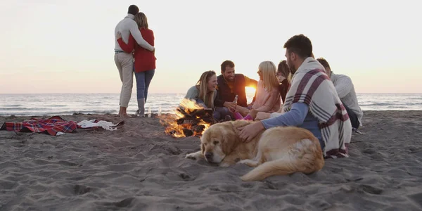 Groep Vrienden Met Hond Ontspannen Rond Vreugdevuur Het Strand Bij — Stockfoto