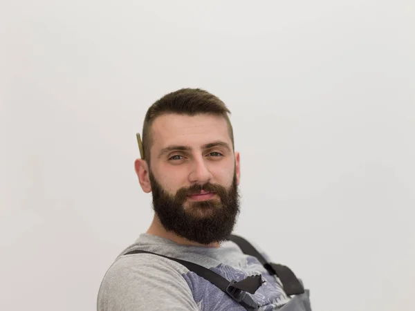 Portrait Homme Tout Faire Barbu Hipster Avec Stylo Derrière Oreille — Photo