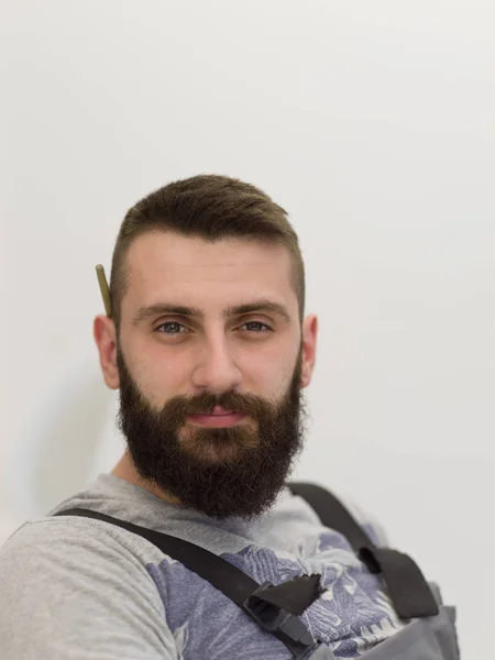 Portrait Bearded Hipster Handyman Pen Ear Isolated White Background — Stock Photo, Image