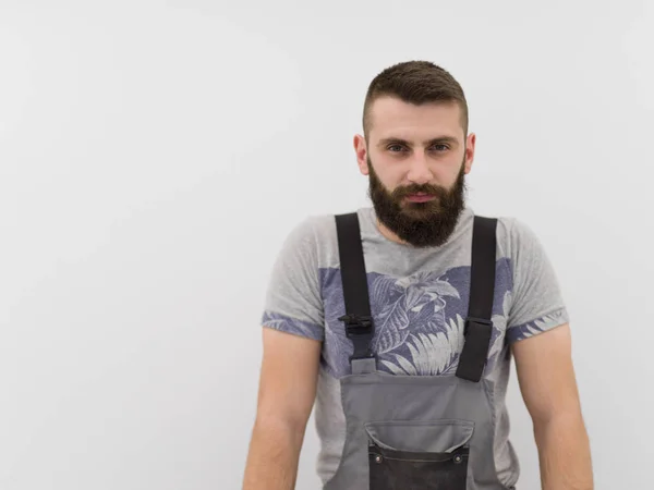 Retrato Hipster Barbudo Faz Tudo Com Caneta Atrás Orelha Isolada — Fotografia de Stock