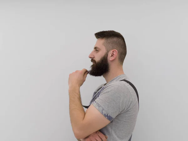 Portrait Bearded Hipster Handyman Pen Ear Isolated White Background — Stock Photo, Image