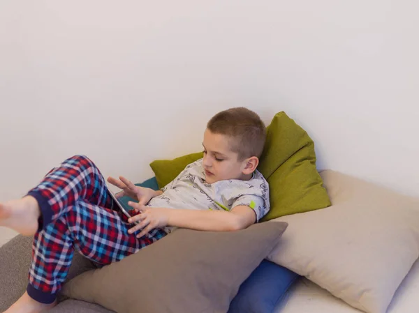 Little Boy Playing Video Games Tablet Computer Home — Stock Photo, Image