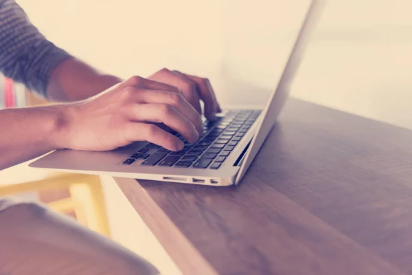 Close Male Hands While Typing Laptop Computer Modern Office — Stock Photo, Image