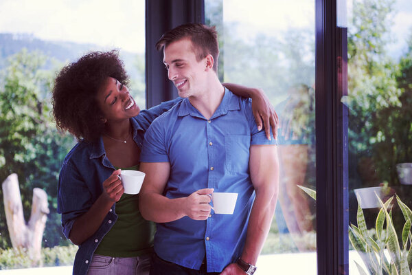 romantic happy young couple relax at modern home indoors