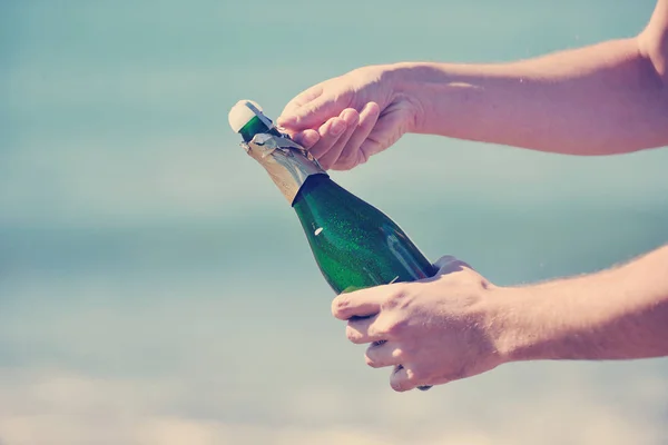 Man Hands Open Bottle Champagne Alcohol Wine Drink Outdoor Party — Stock Photo, Image