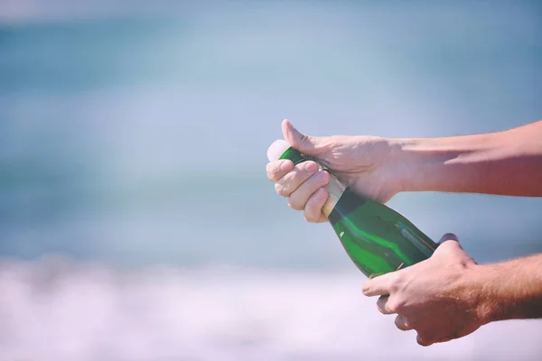 Man Hands Open Bottle Champagne Alcohol Wine Drink Outdoor Party — Stock Photo, Image