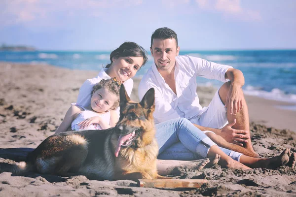 Família Jovem Feliz Roupas Brancas Divertir Brincar Com Belo Cão — Fotografia de Stock