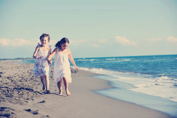 Happy Two Little Girls Have Fun Joy Time Beautiful Beach — Stock Photo, Image