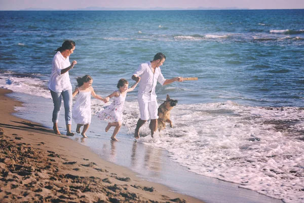 白い服の幸せな若い家族は 美しいビーチで休暇中に美しい犬と遊んでいます — ストック写真