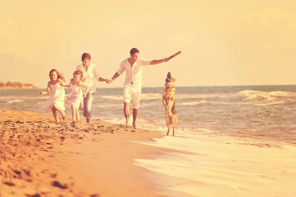 Happy Young Family White Clothing Have Fun Play Beautiful Dog — Stock Photo, Image