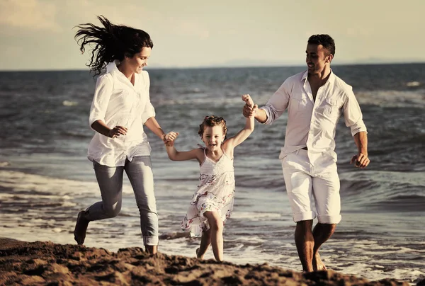 Happy Young Family White Clothing Have Fun Vacations Beautiful Beach — Stock Photo, Image