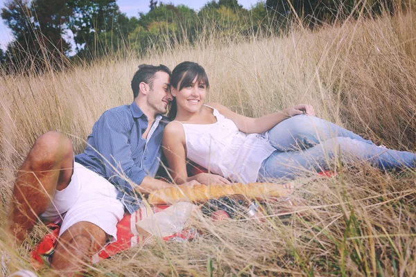 Feliz Jovem Casal Desfrutando Piquenique Campo Campo — Fotografia de Stock