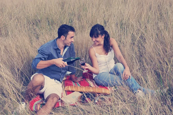 幸せな若いカップル ワインを飲むと フィールド上の田園地帯でのピクニックを楽しんで — ストック写真