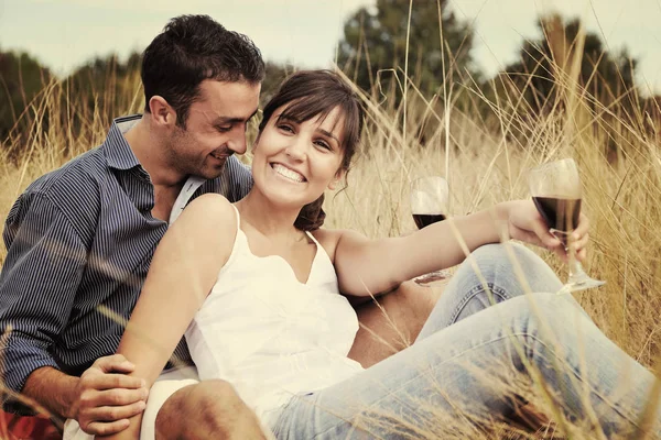 Feliz Jovem Casal Beber Vinho Desfrutar Piquenique Campo Campo — Fotografia de Stock