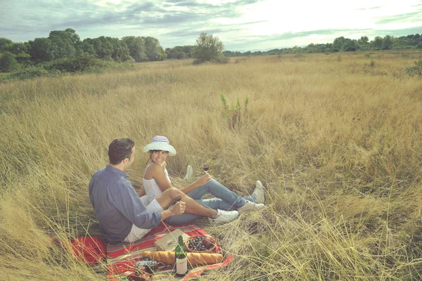 Gelukkige Jonge Paar Genieten Van Picknick Het Platteland Veld — Stockfoto