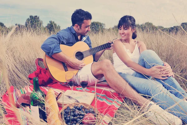 Happy Young Couple Enjoying Picnic Playing Guitar Countryside Field — Stock Photo, Image