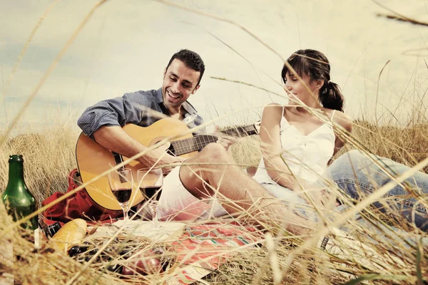 Happy Young Couple Enjoying Picnic Playing Guitar Countryside Field — Stock Photo, Image