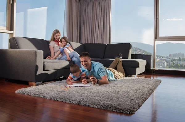 Happy Young Family Playing Together Home Floor Using Tablet Children — Stock Photo, Image