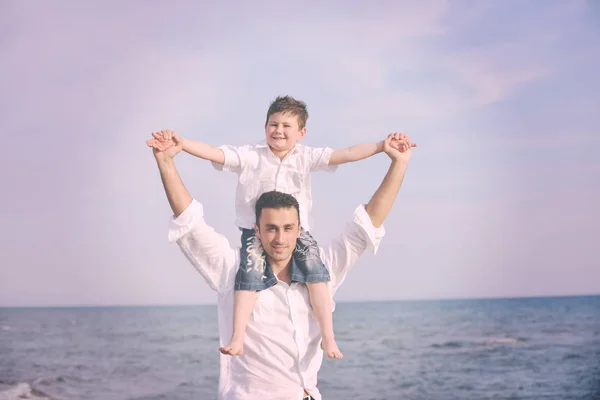 Happy Young Father Son Have Fun Enjoy Time Beach Sunset — Stock Photo, Image