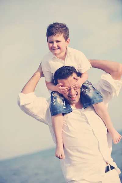 Happy Young Father Son Have Fun Enjoy Time Beach Sunset — Stock Photo, Image