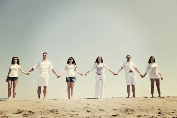 Happy People Group Have Fun Run Jump Beach Beautiful Sand — Stock Photo, Image